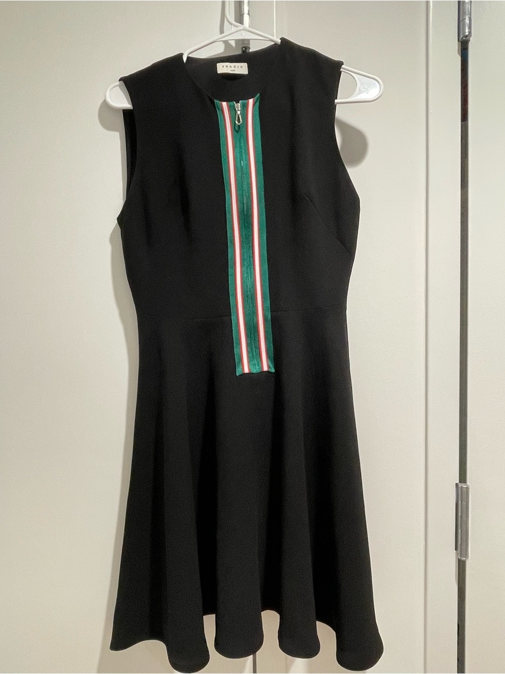 Sandro Black Sleeveless Dress with Green and Pink Center Stripe